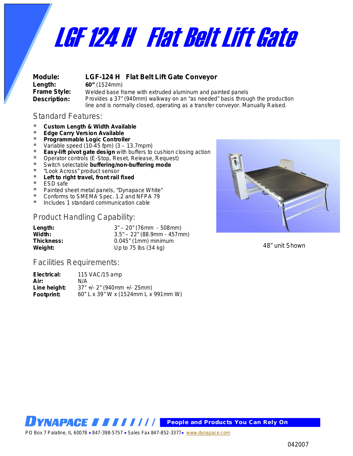 DYNAPACE Heavy Duty Flat Belt Lift Gate User Manual