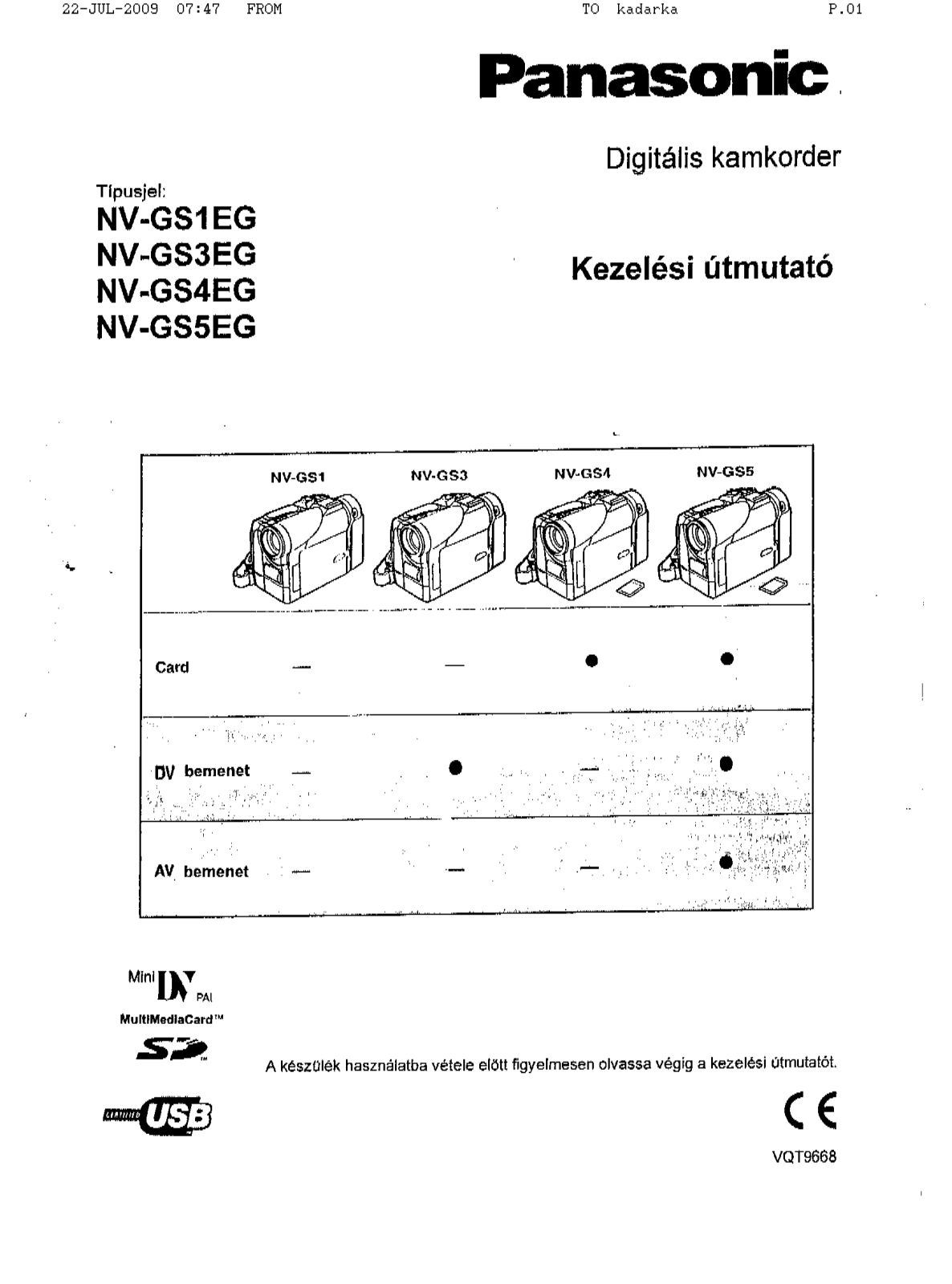 Panasonic NVGS5EG Operating Instructions