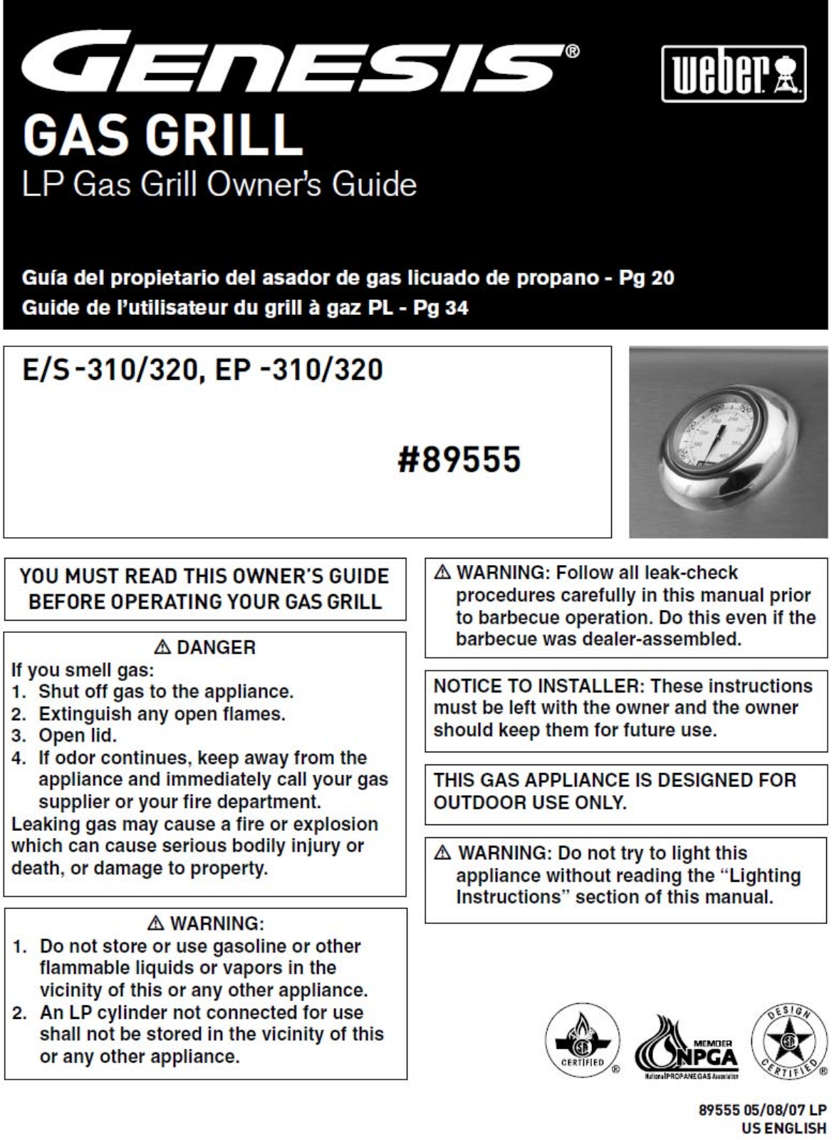 Weber 3751301 Genesis Ep-320 Lp, 3751001, 3741301 Genesis Ep-310 Lp Owner's Manual