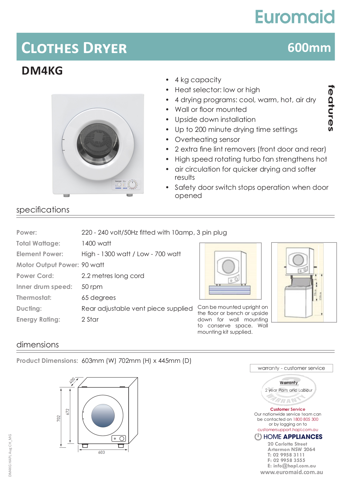 Euromaid DM4KG Specifications Sheet