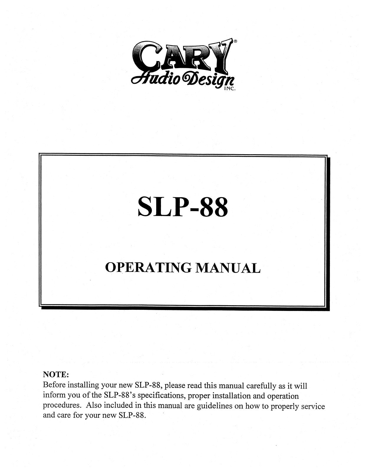 Cary Audio SLP 88 Owner's Manual