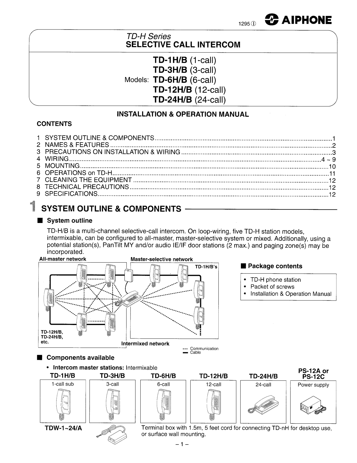 Aiphone TD-H-B INSTALLATION INSTRUCTIONS