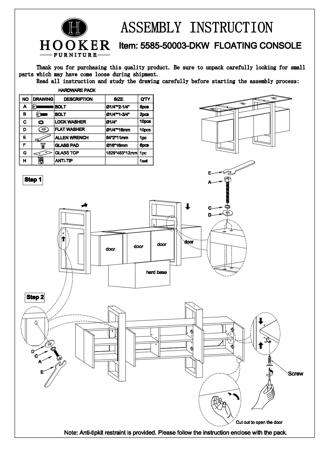 Hooker Furniture 558550003DKW Assembly Guide