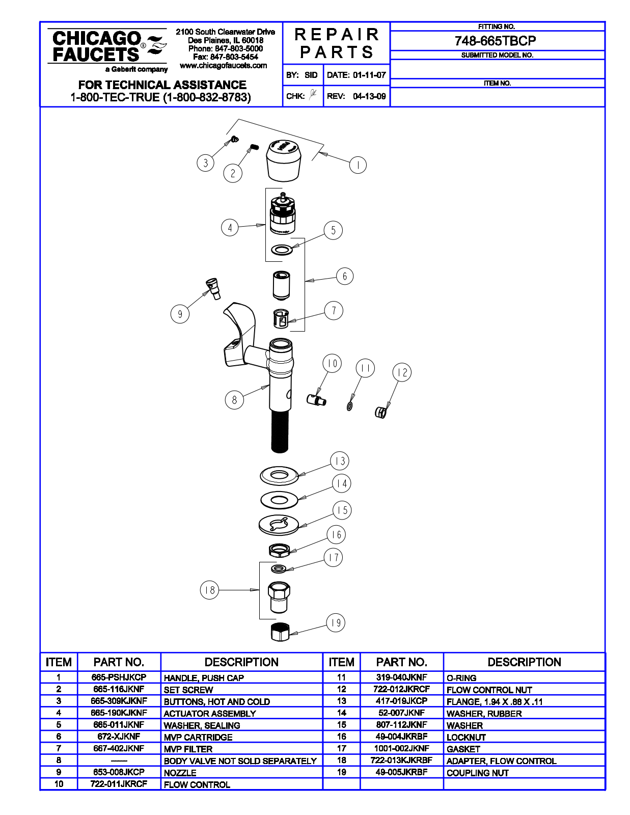 Chicago Faucet 748-665TBCP Parts List