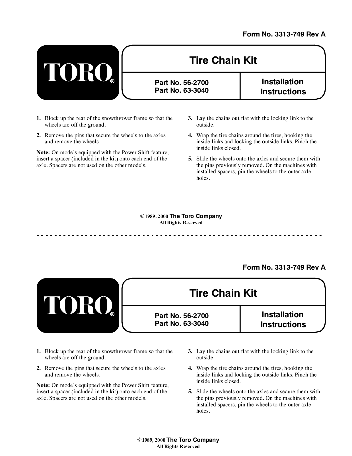 Toro 56-2700, 63-3040 Installation Instructions