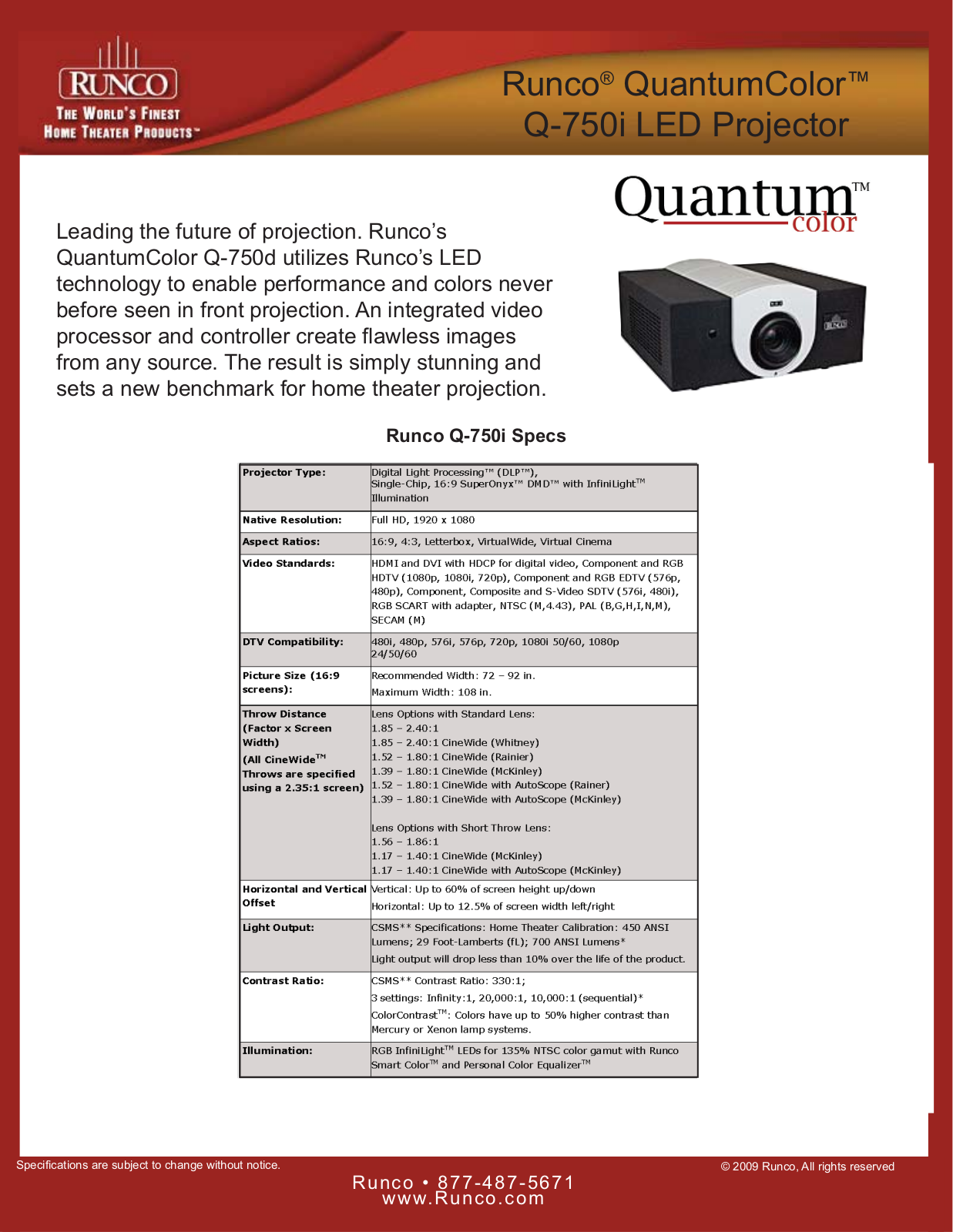 Runco Q-750i Product Sheet