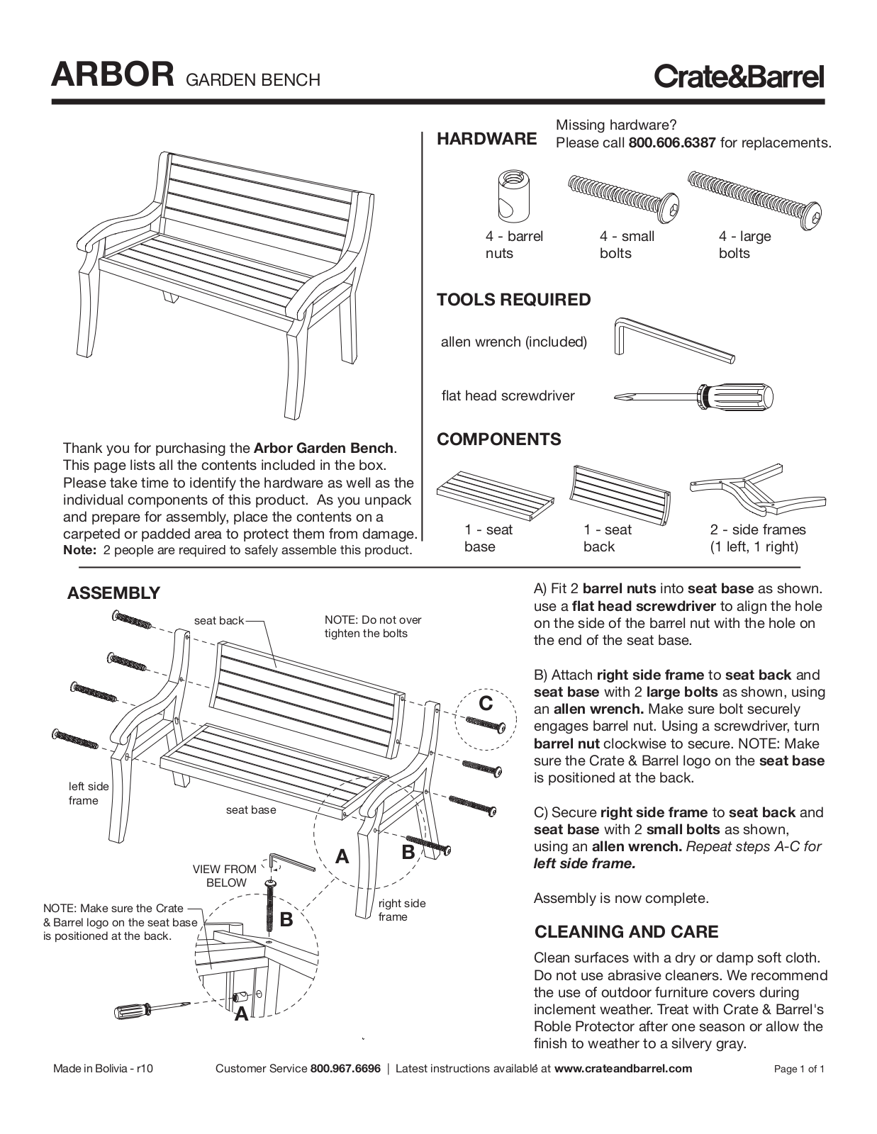 Crate & Barrel Arbor Garden Bench Assembly Instruction