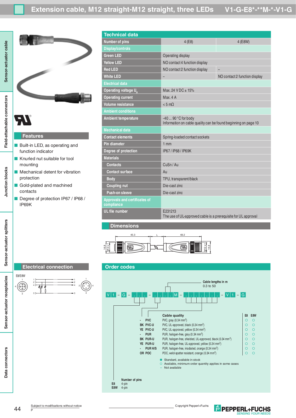 Pepperl Fuchs V1-G-E8-BK0.5M-PVC-U-V1-G Data Sheet