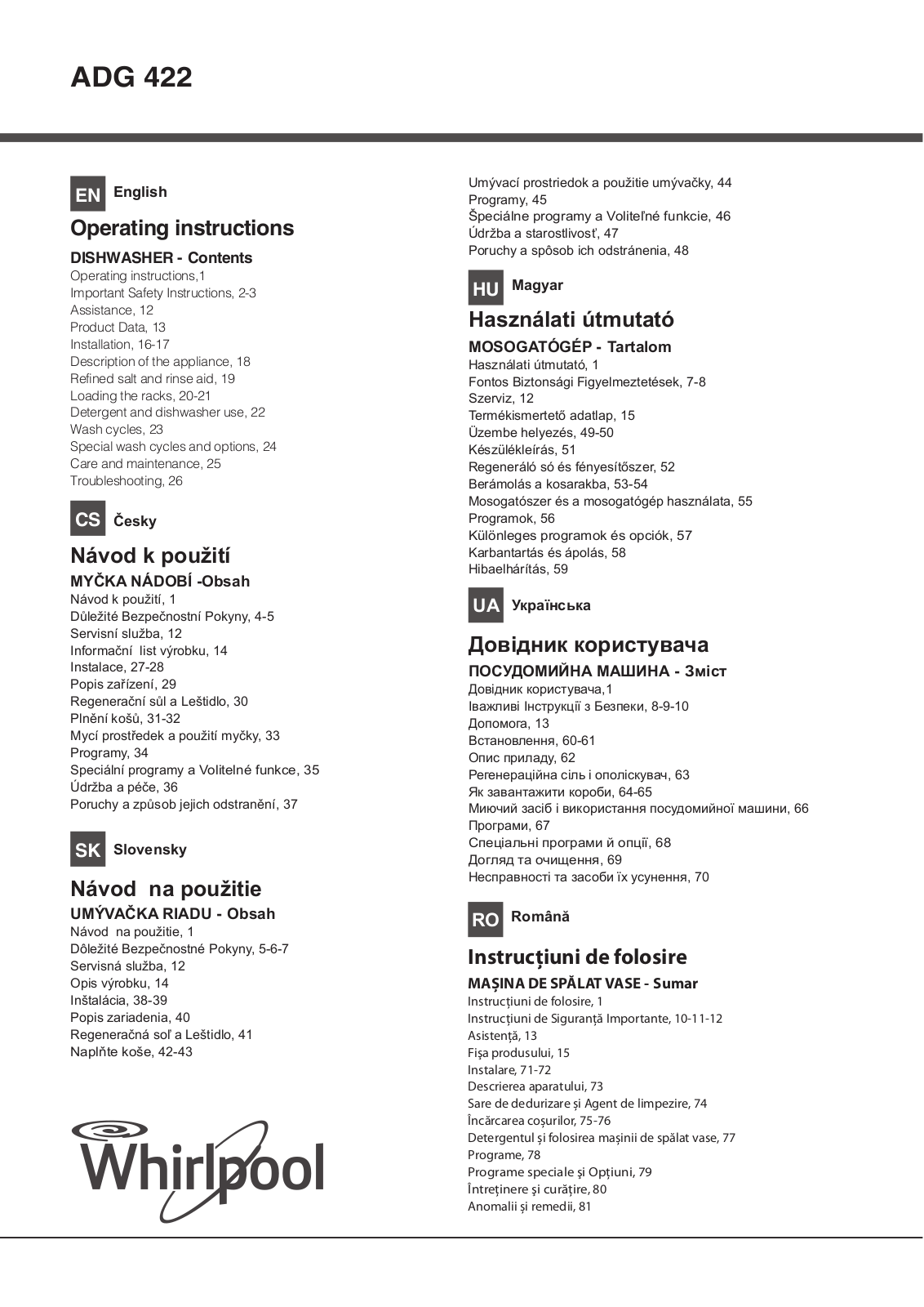 WHIRLPOOL ADG 422 User Manual