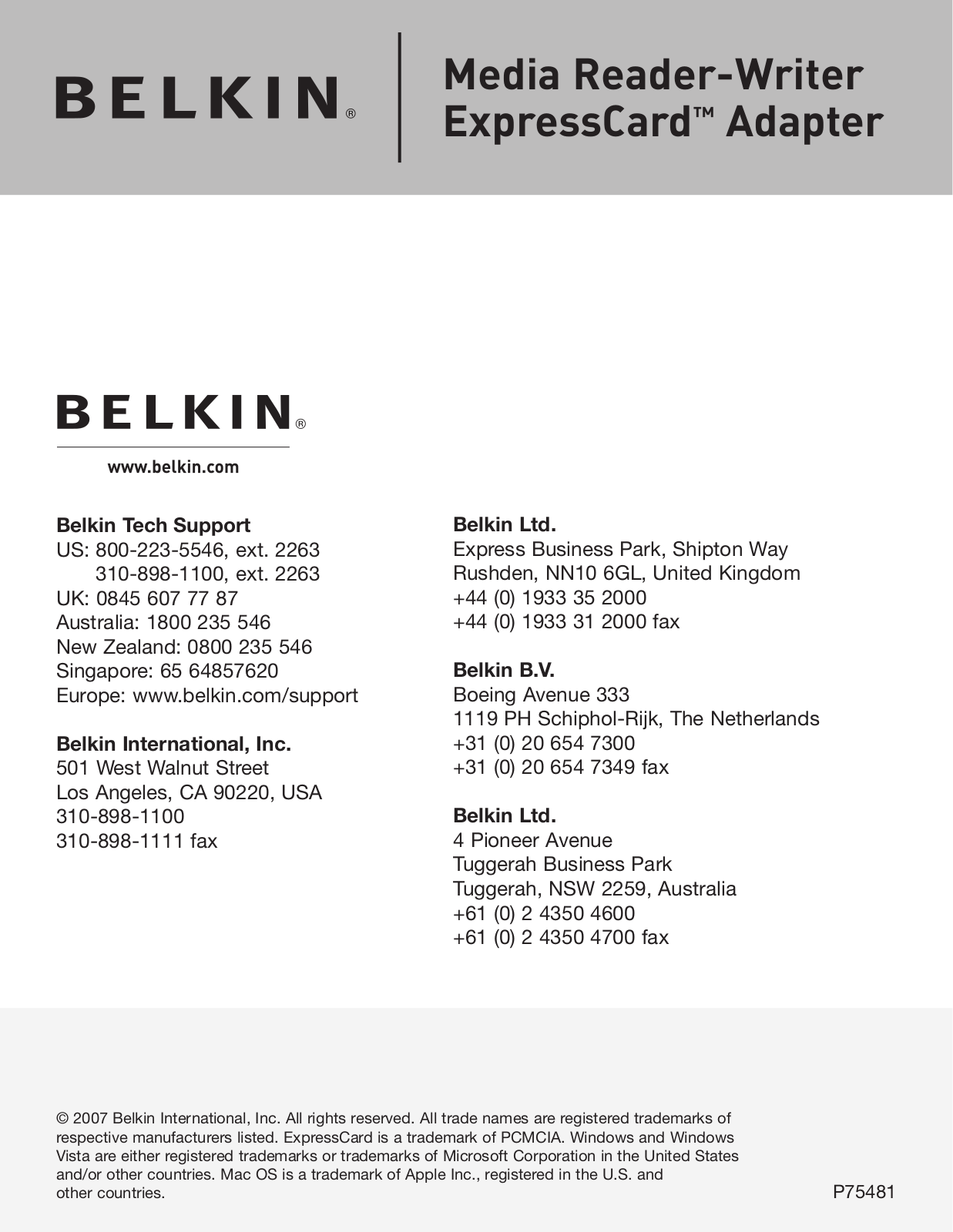 Belkin P75481 User Manual