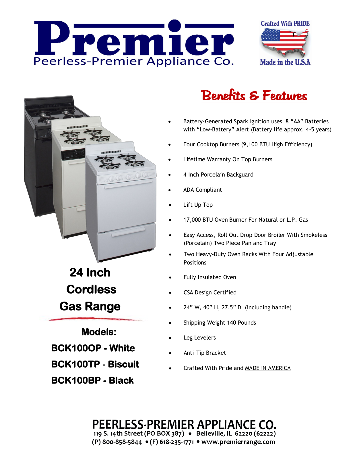 Premier BCK100OP, BCK100BP, BCK100TP Specifications - ManualMachine.com