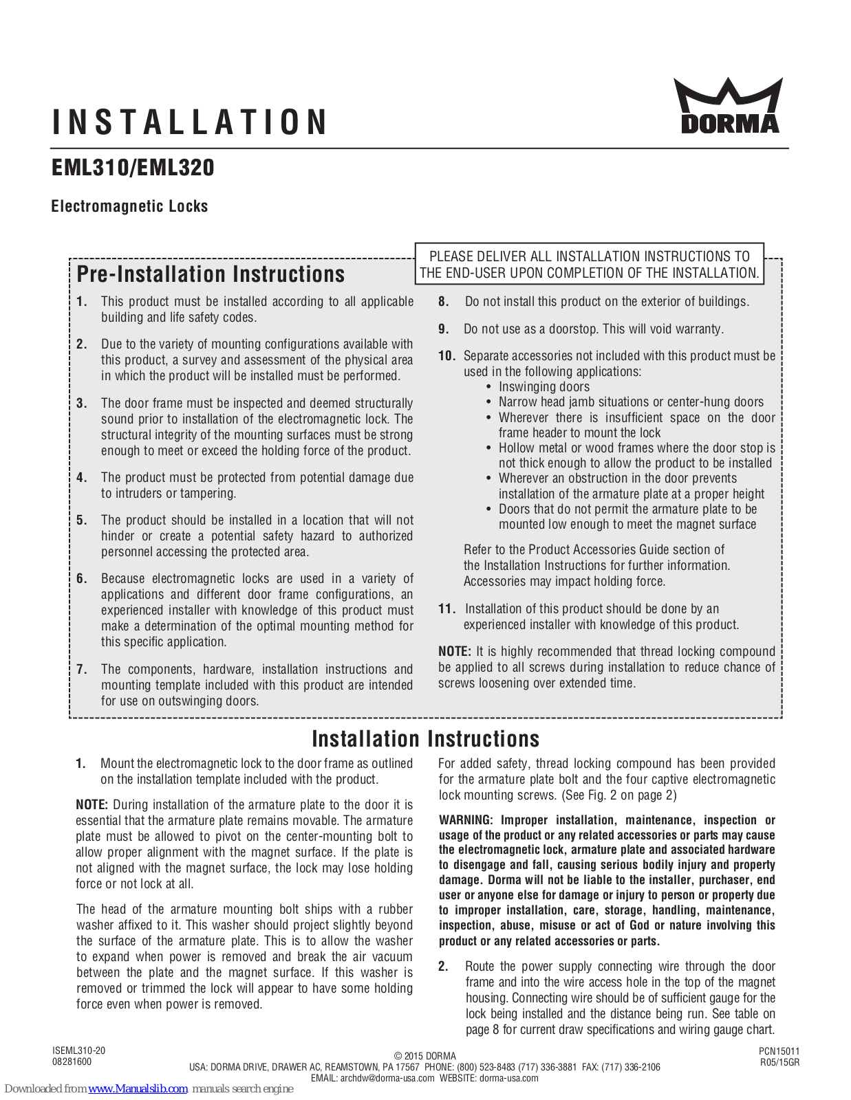 Dorma EML320, EML310 Installation Instructions Manual - ManualMachine.com