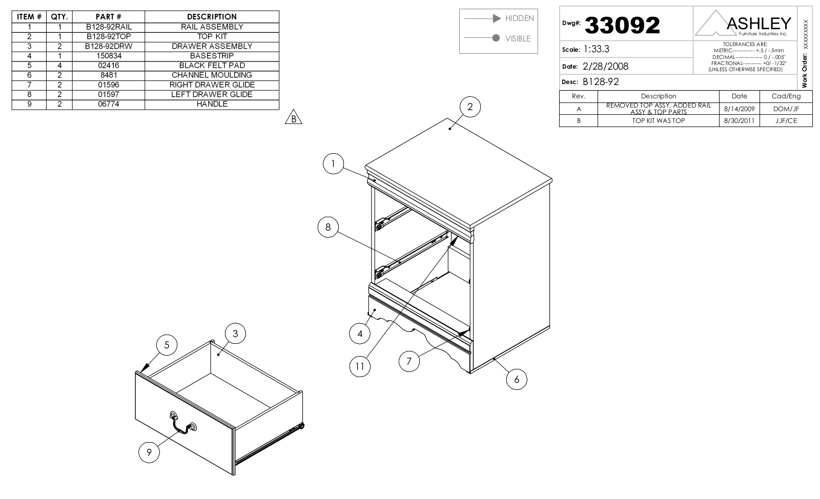 Ashley B12892 Part List