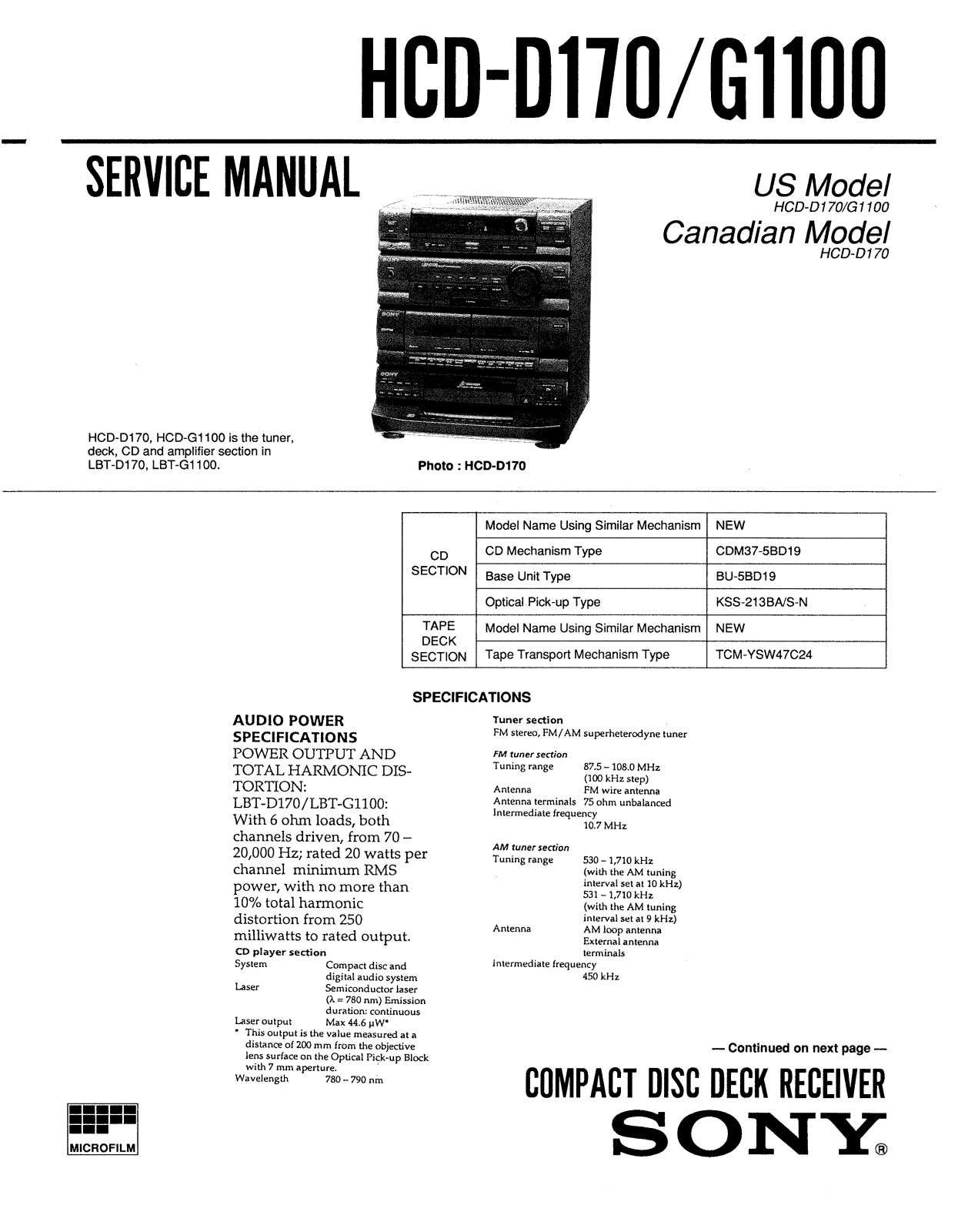 sony hcd-d170, hcd-g1100 Service Manual