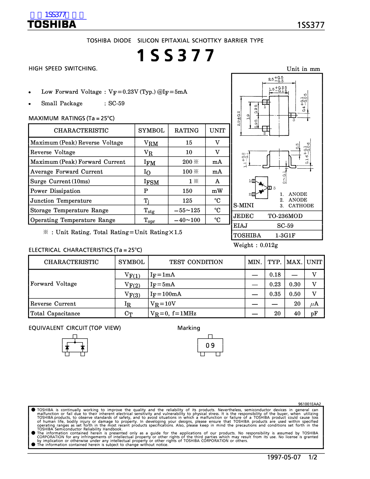 TOSHIBA 1SS377 Technical data