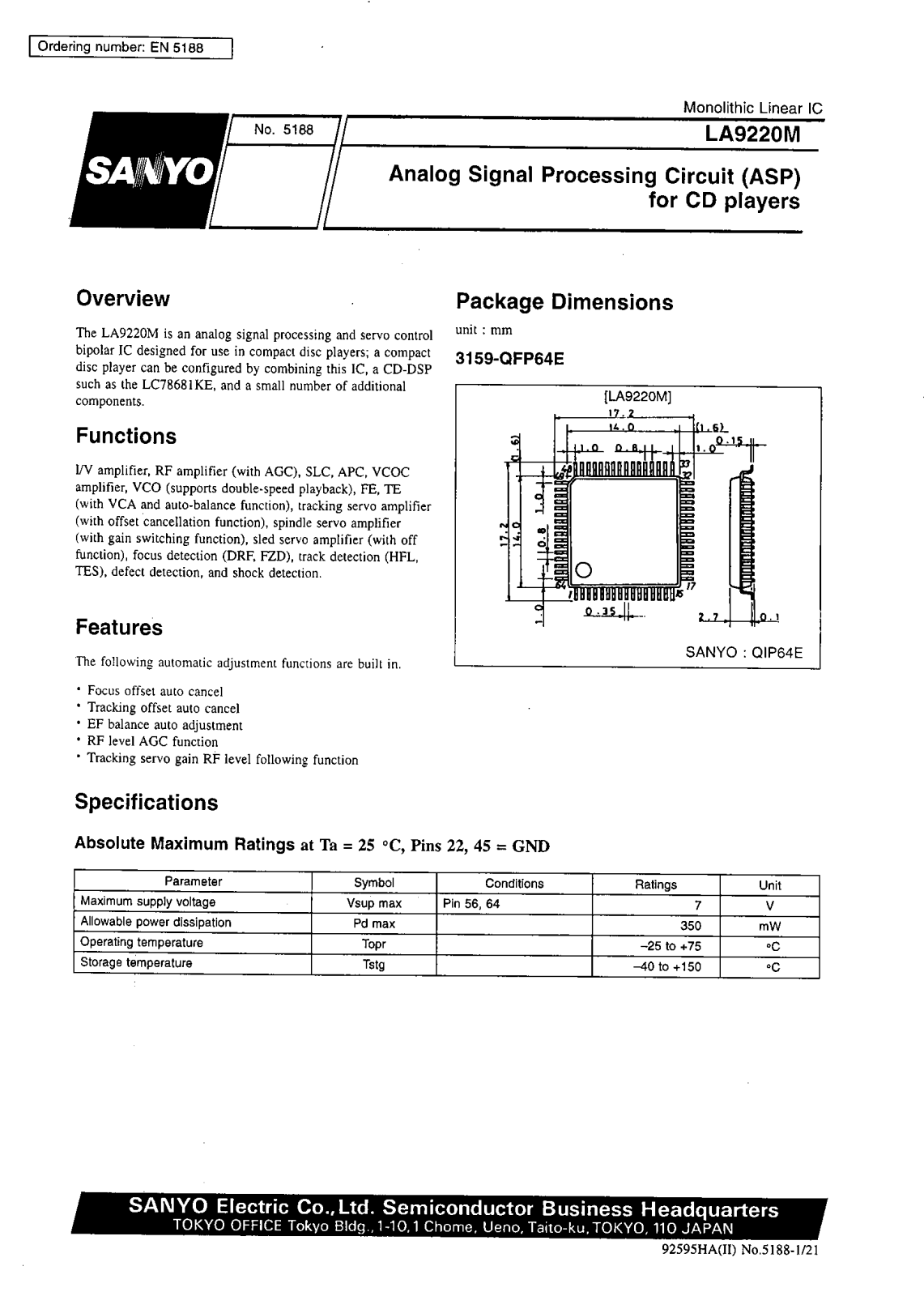 SANYO LA9220M Datasheet