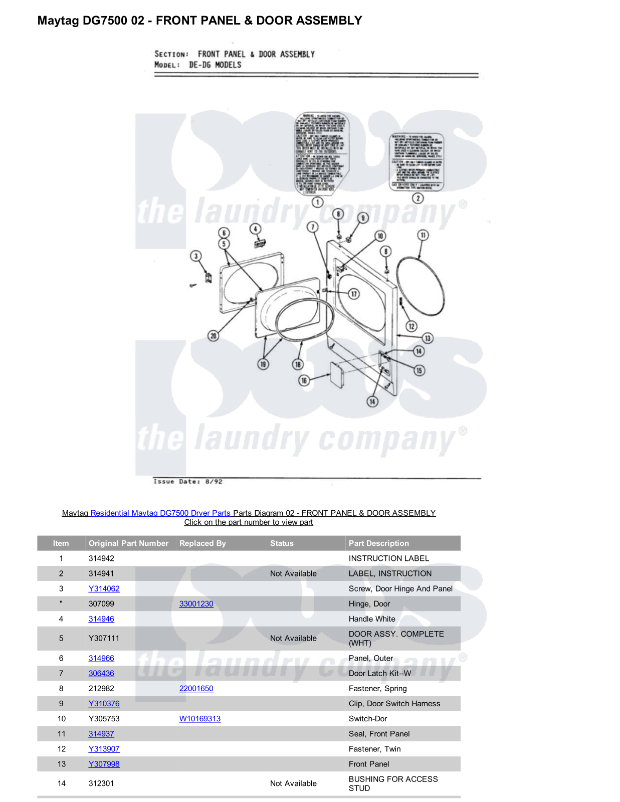 Maytag DG7500 Parts Diagram