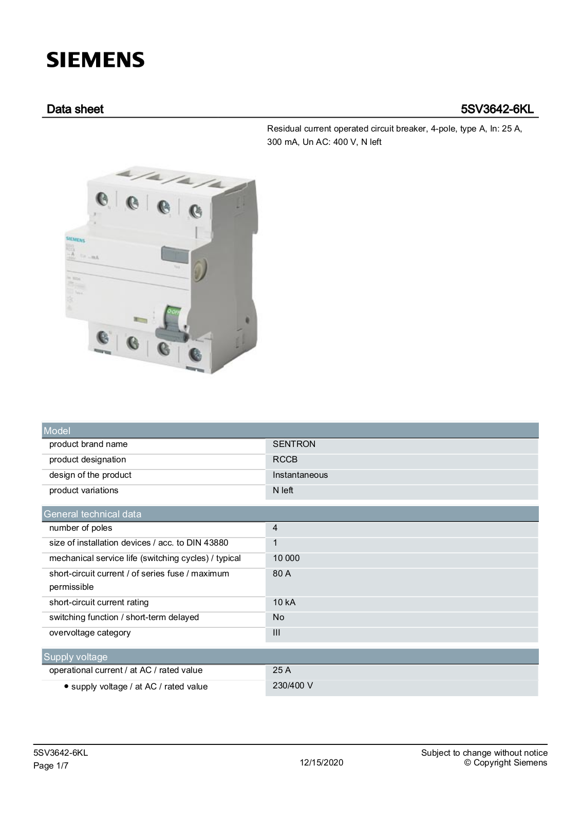 Siemens 5SV3642-6KL Technical data