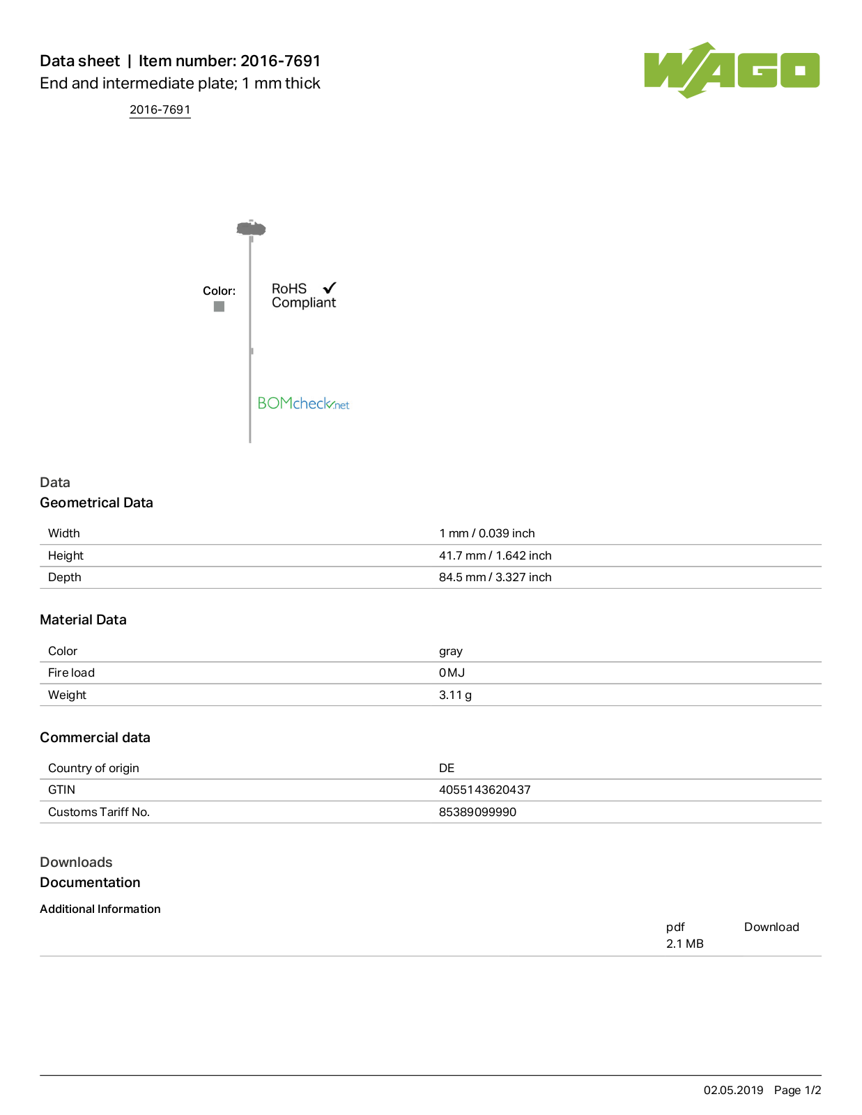 Wago 2016-7691 Data Sheet