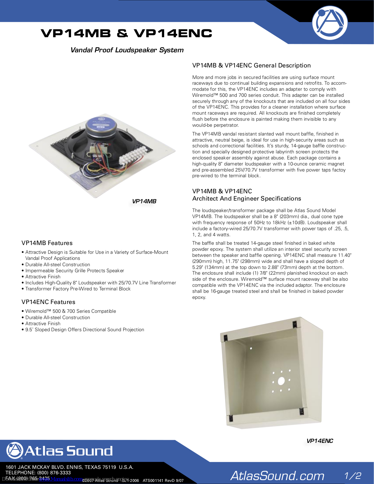 Atlas VP14ENC, VP14MB Specification Sheet