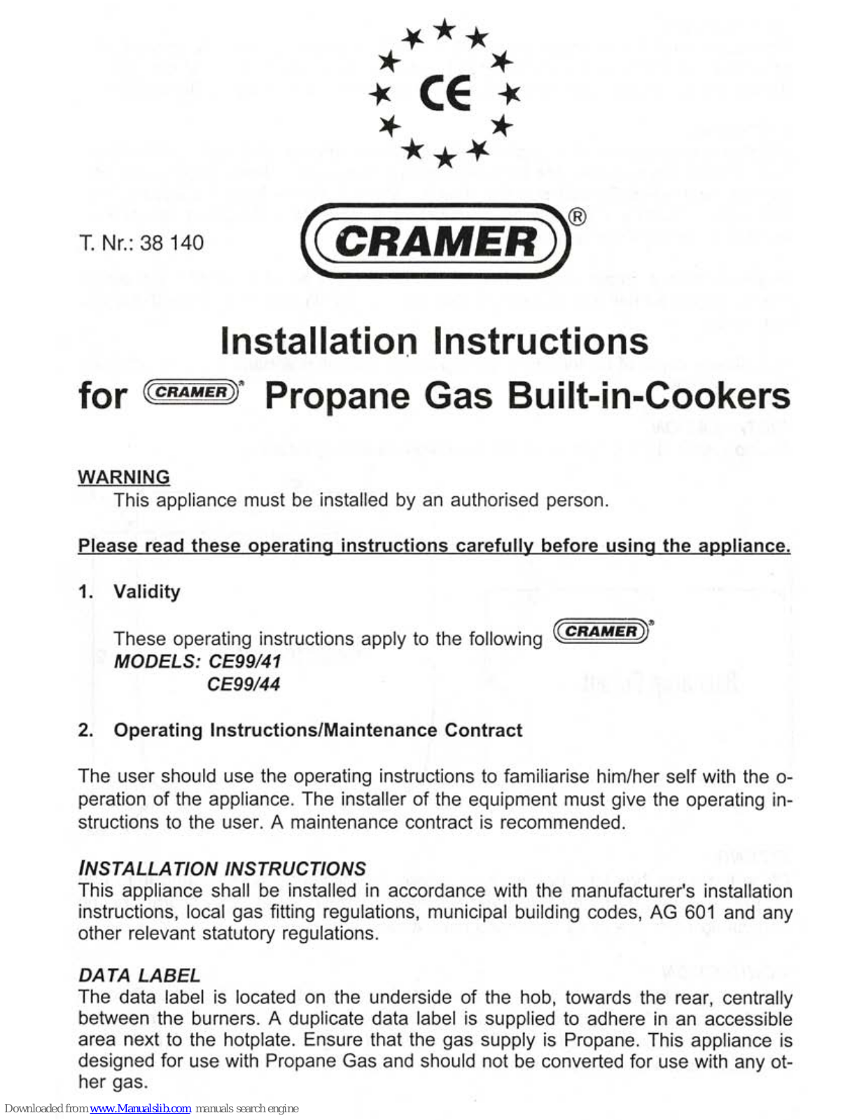 Cramer CE99/41, CE99/44 Installation Instructions Manual