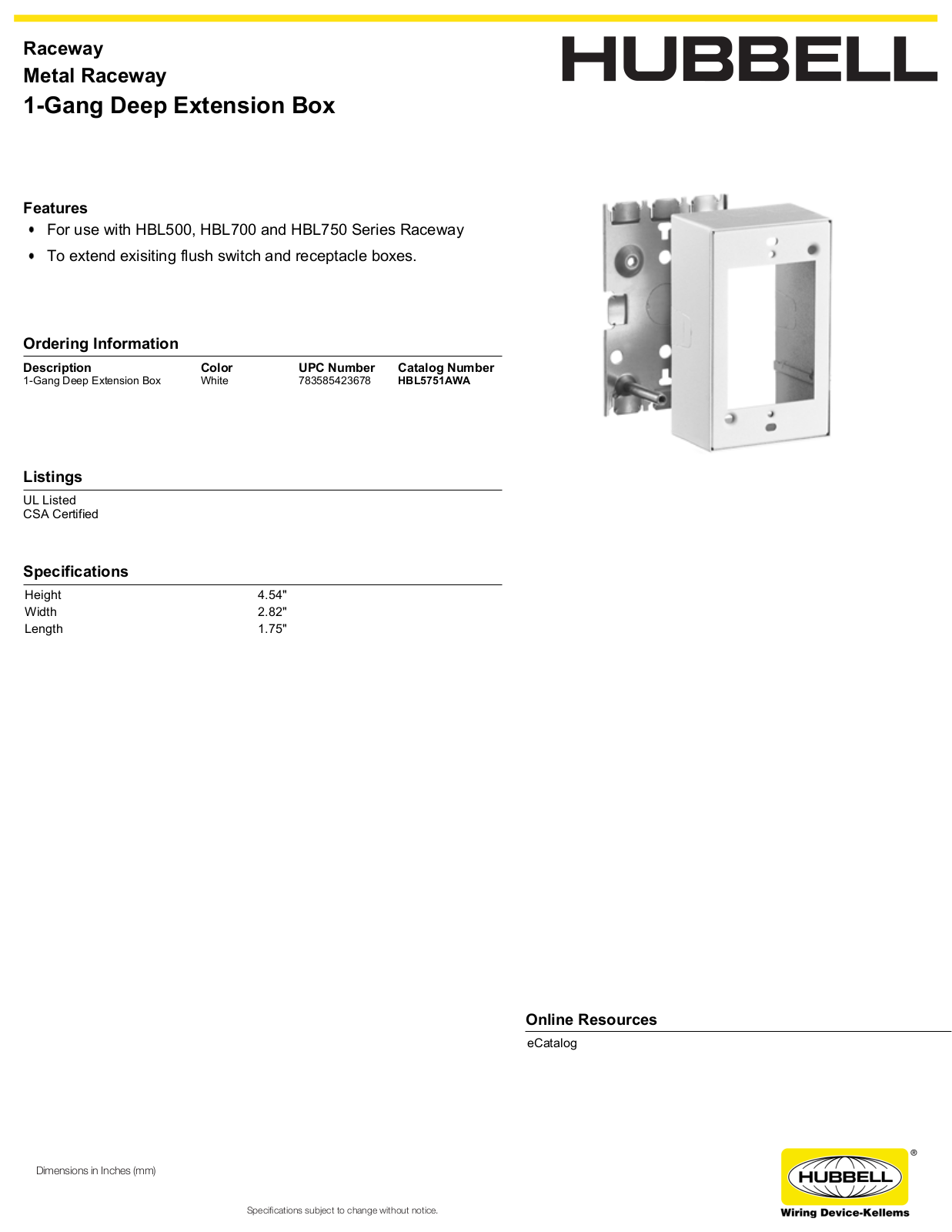 Hubbell HBL5751AWA Specifications