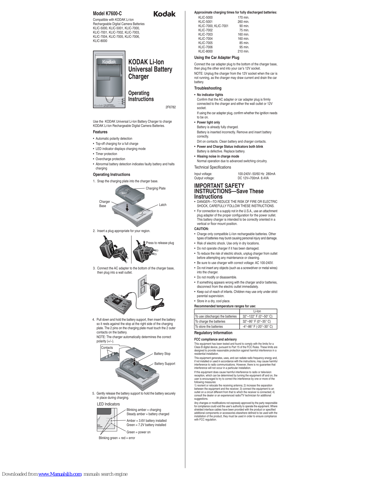 Kodak K7600, 1615350 Operating Instructions Manual