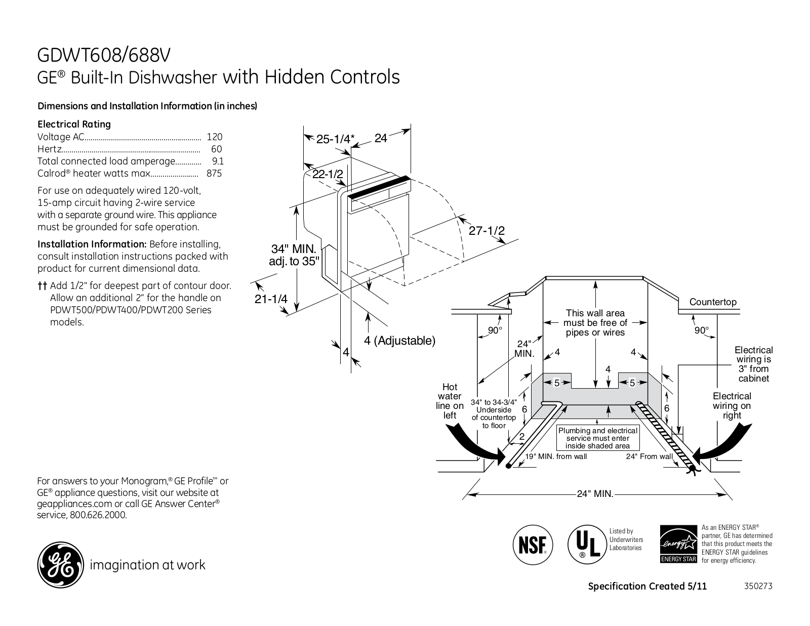 GE GDWT608VWW Specification Sheet