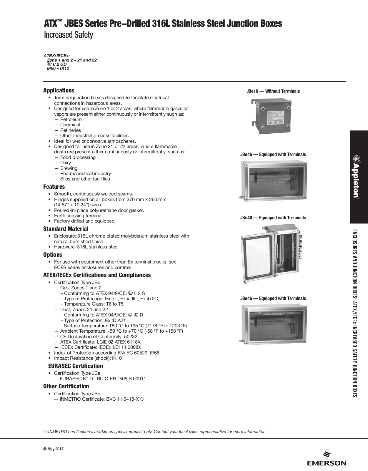 Appleton ATX™ JBES Series Pre-Drilled 316L Stainless Steel Junction Boxes Catalog Page