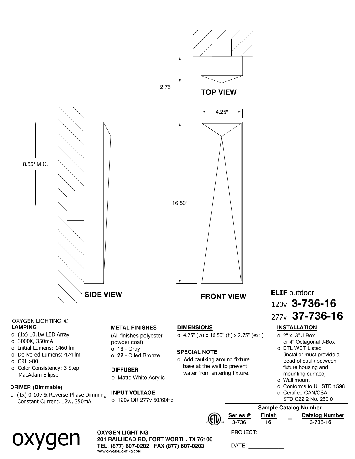 Oxygen Lighting OXGN1270 Specifications - ManualMachine.com