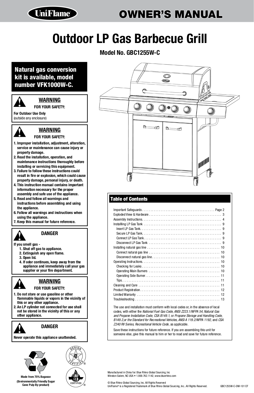 Blue Rhino GBC1255W-C Owner's Manual