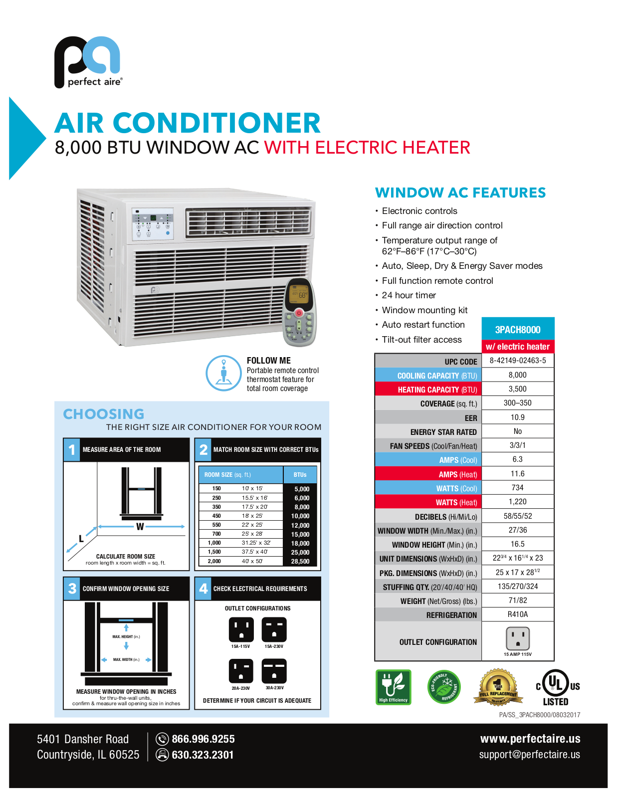 Perfect Aire 3PACH8000 Specifications