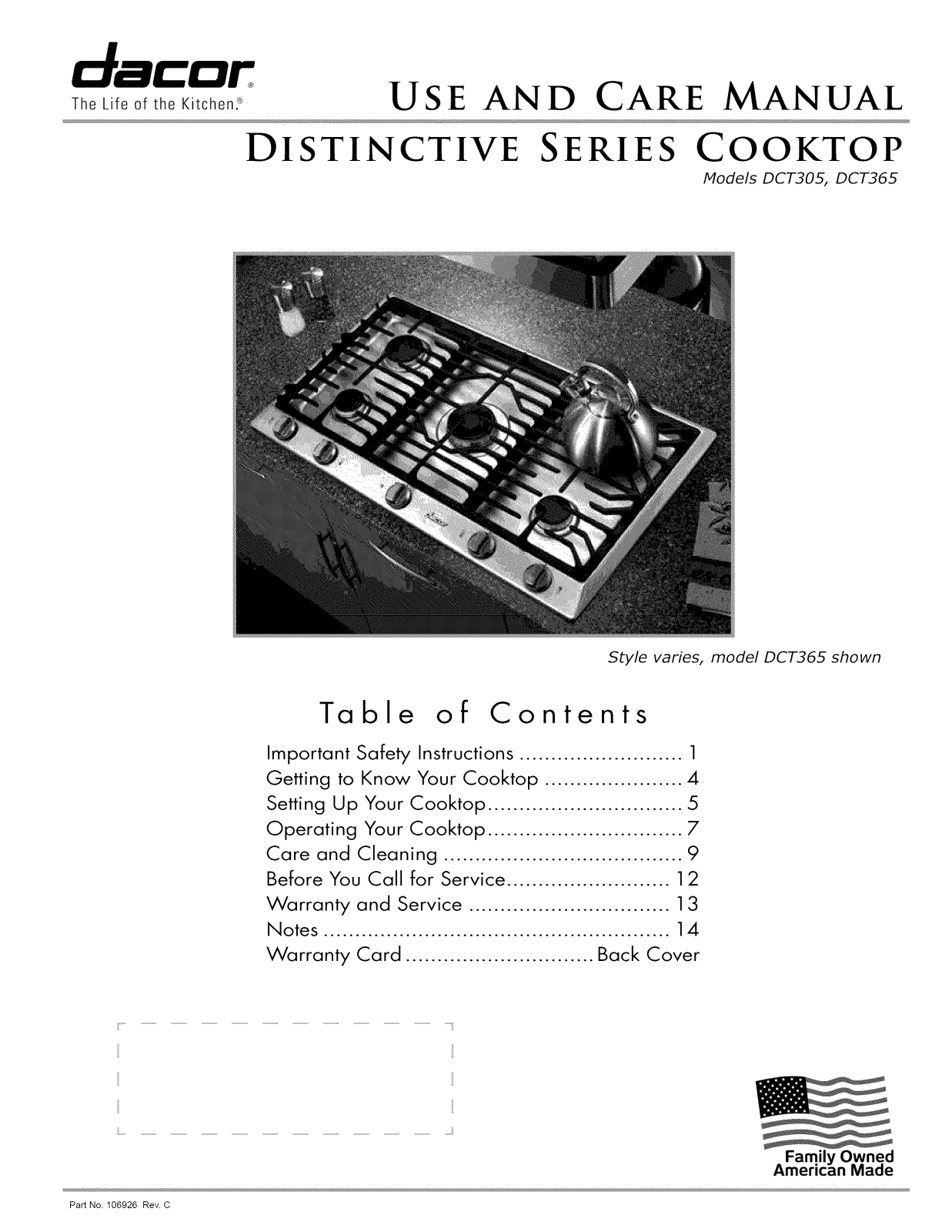 Dacor DCT305SNGH, DCT305SNG, DCT305SLPH, DCT305SLP Owner’s Manual