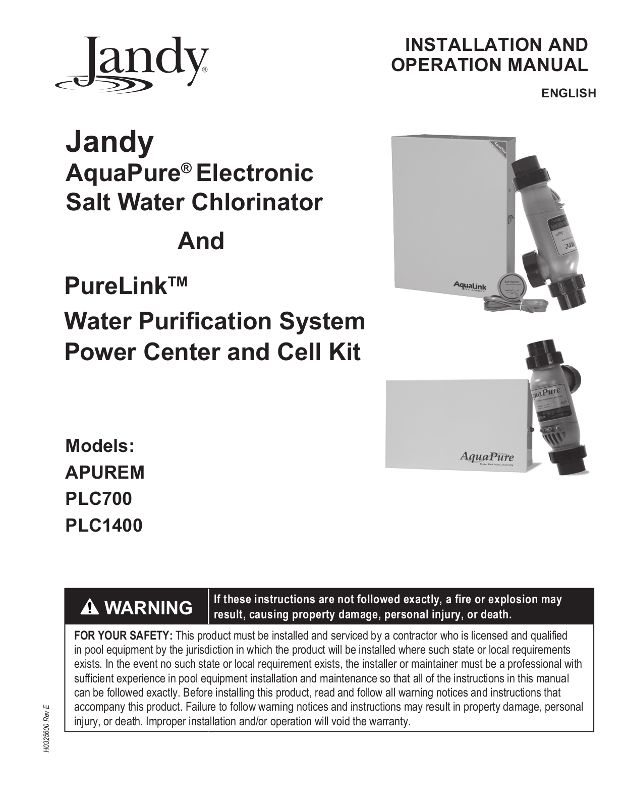 Jandy APUREM, PLC700, PLC1400 Installation Manual