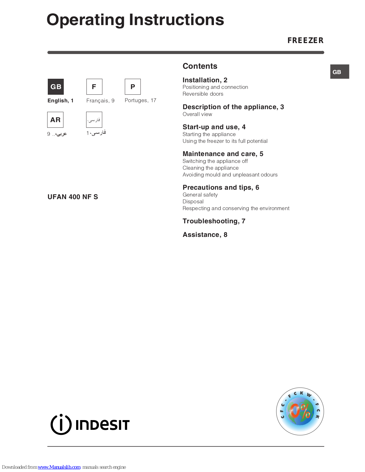 Indesit UFAN 400 NF S Operating Instructions Manual