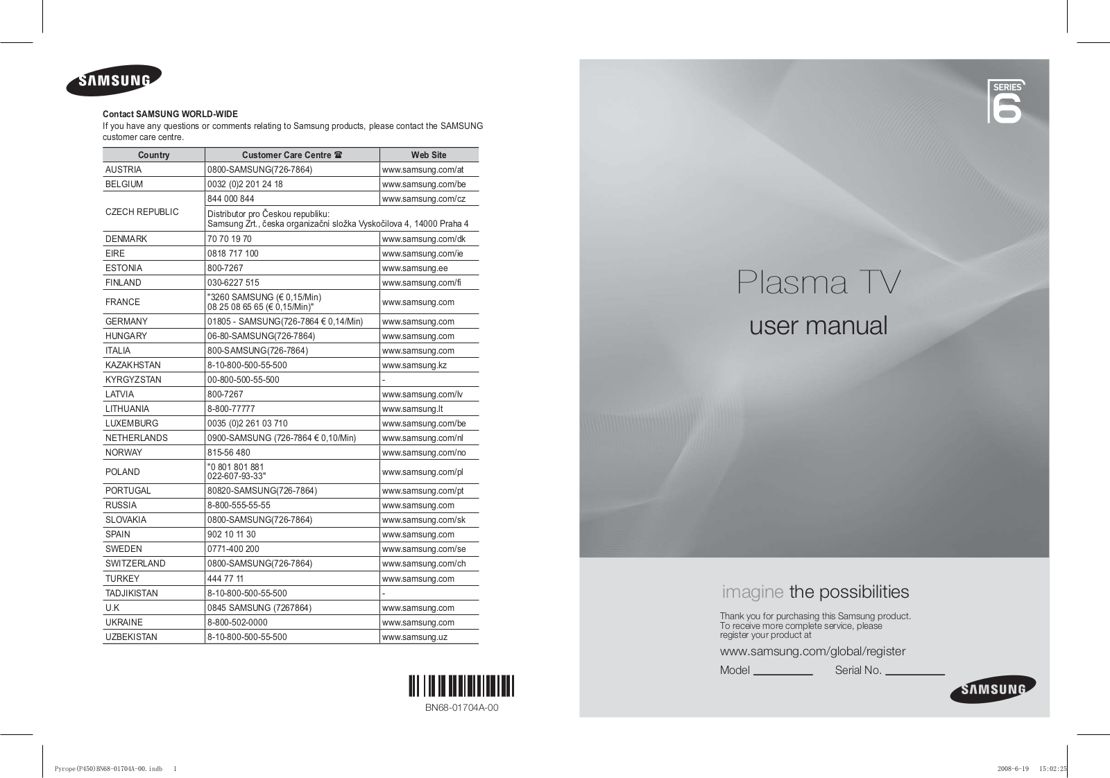 SAMSUNG PS50A676, PS50A676T1, PS50A676T1M, PS50A676T1W, PS58A676 User Manual