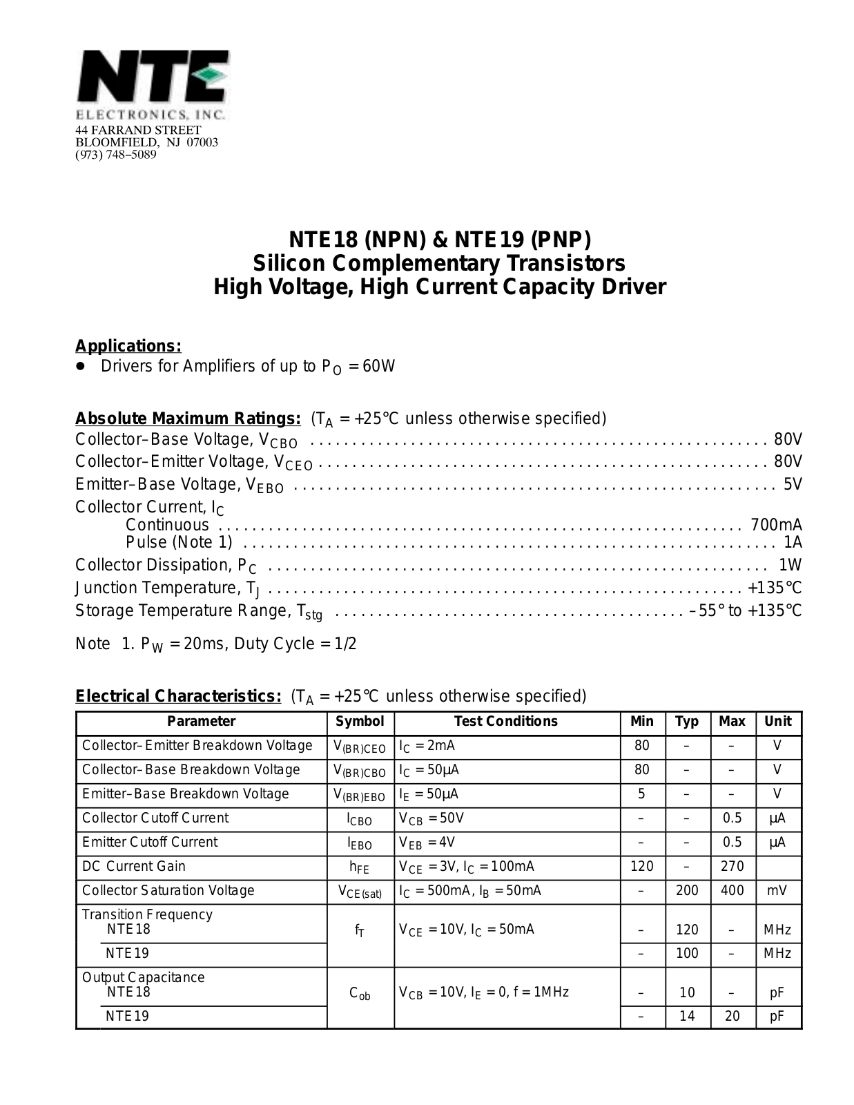 Datasheet NTE18, NTE19 Datasheet (NTE) - ManualMachine.com