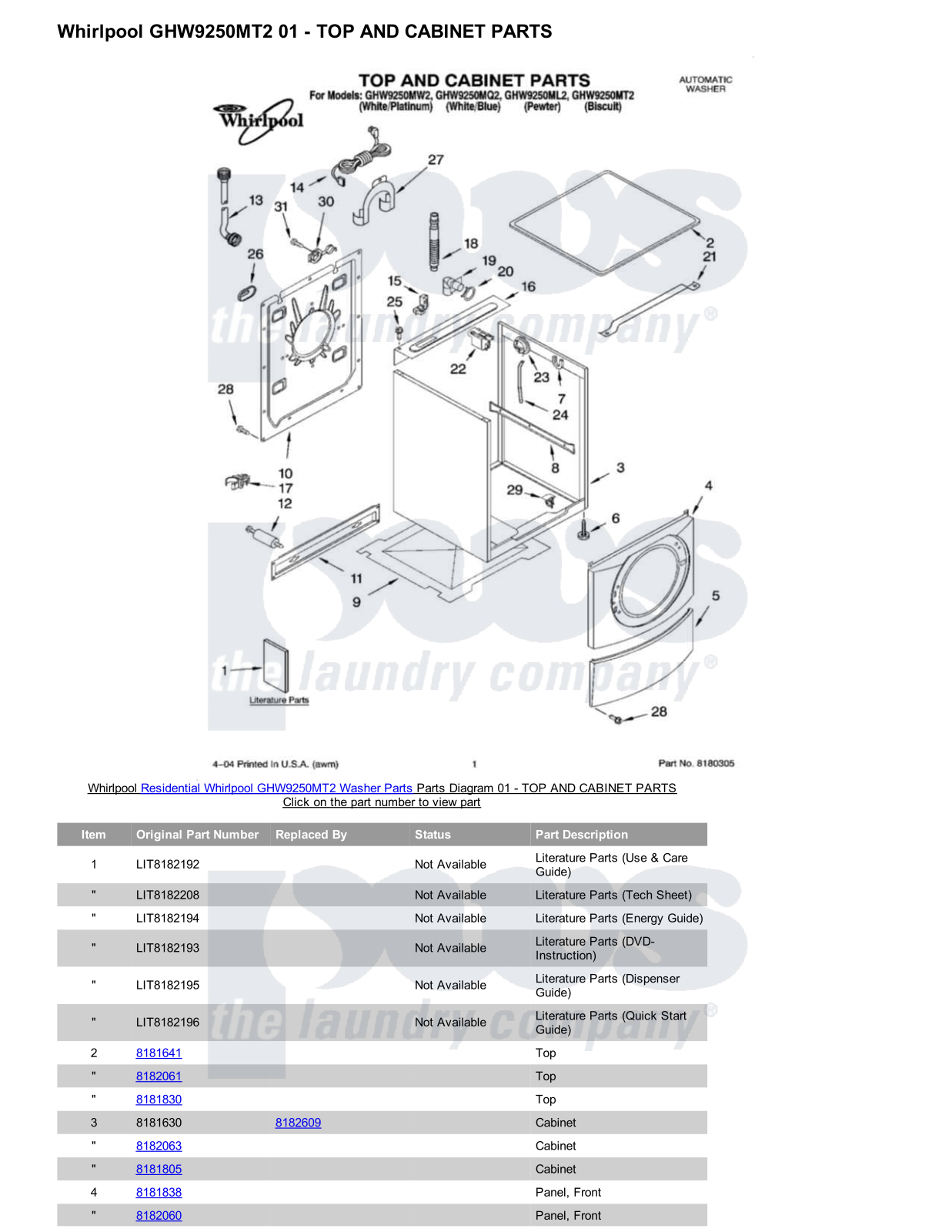 Whirlpool GHW9250MT2 Parts Diagram