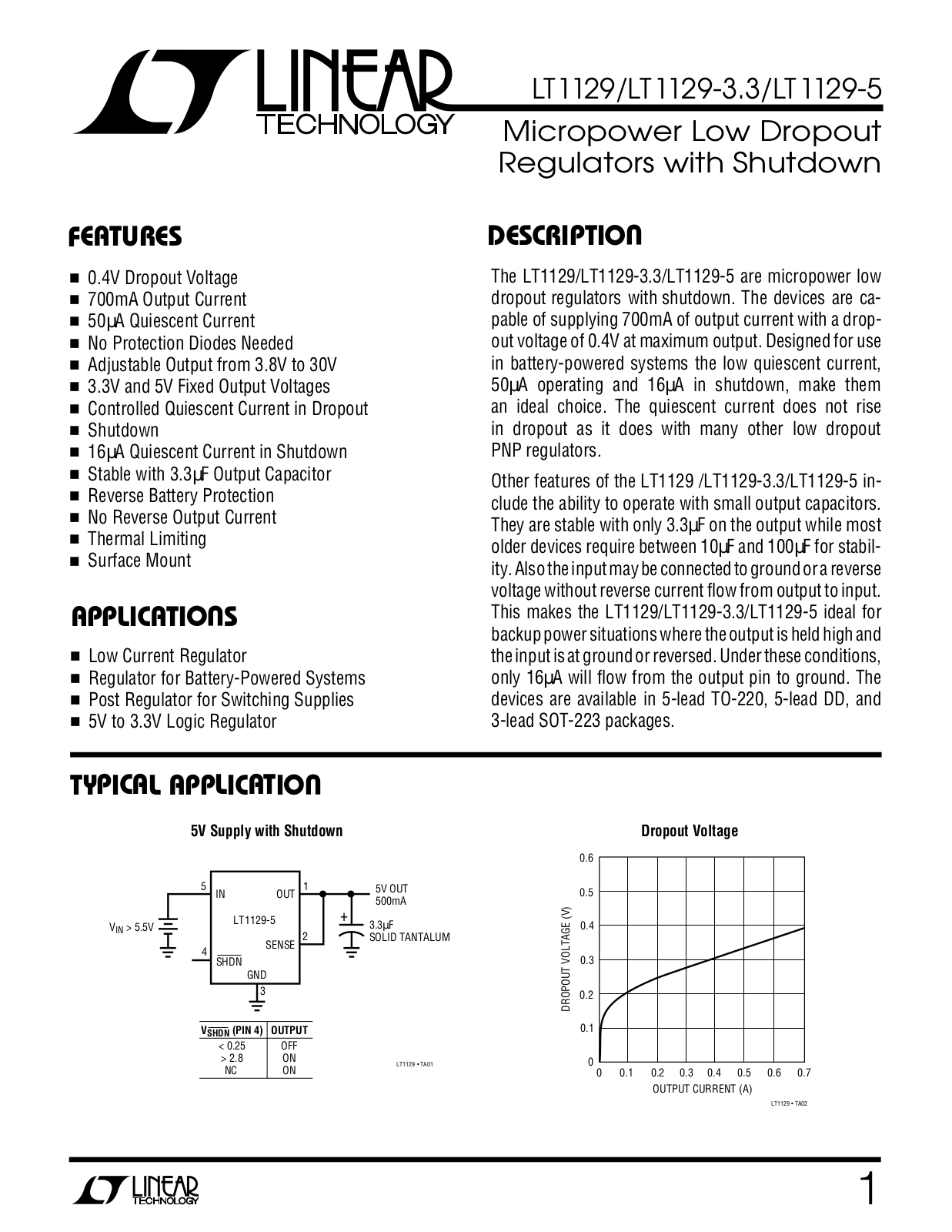 Linear Technology LT1129-5, LT1129-3.3, LT1129 Datasheet