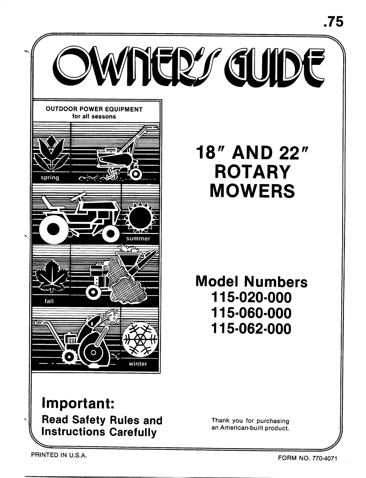 MTD 115-062-000, 115-020-000, 115-060-000 User Manual