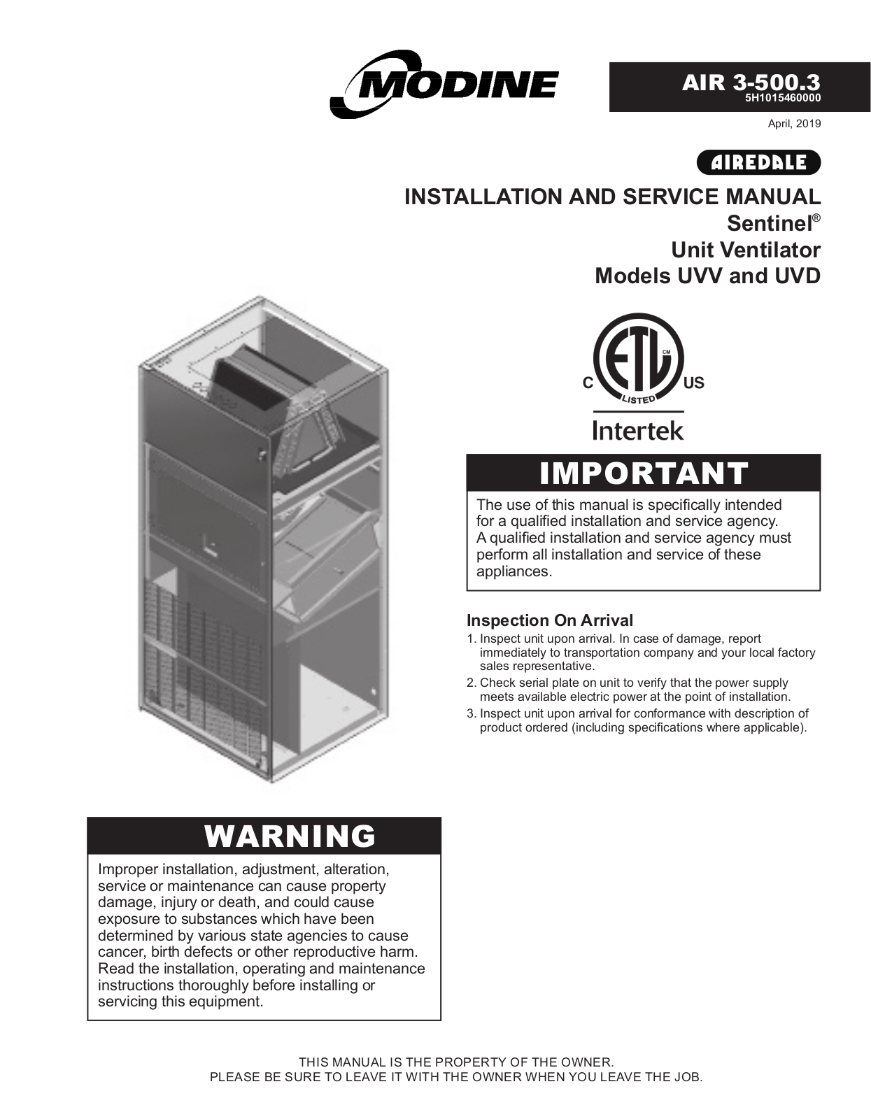 Modine Manufacturing Sentinel UVV, Sentinel, Sentinel UVD Service Manual