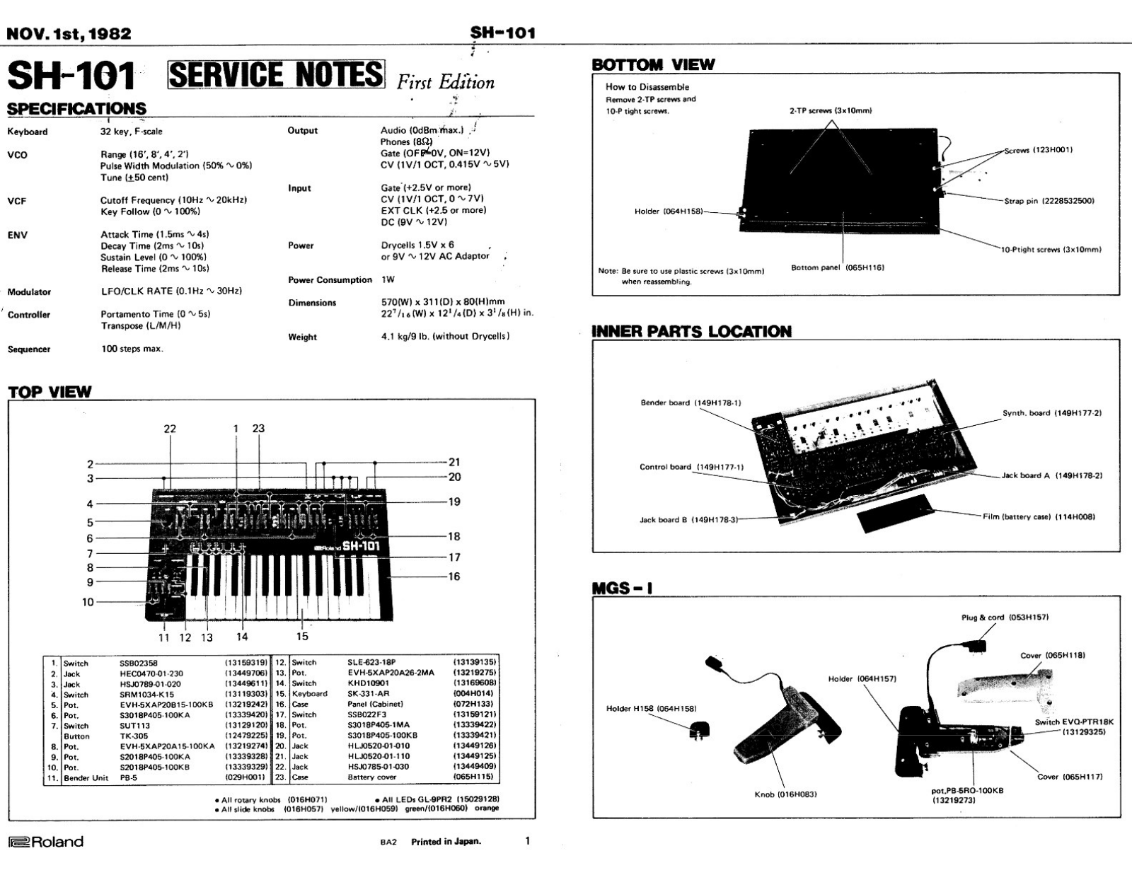 Roland Corporation SH-101 Service Manual