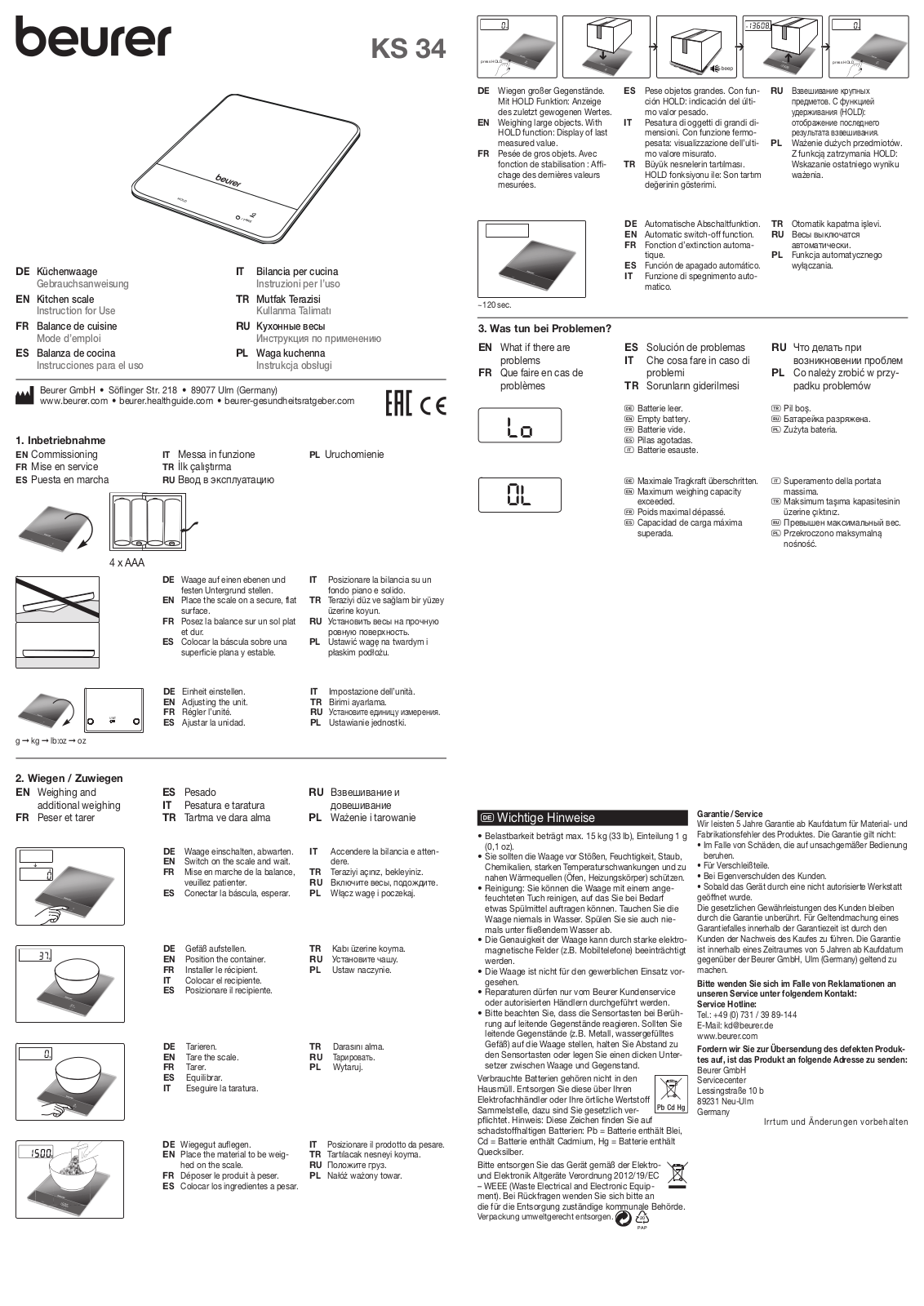 Beurer KS34 XL User Manual