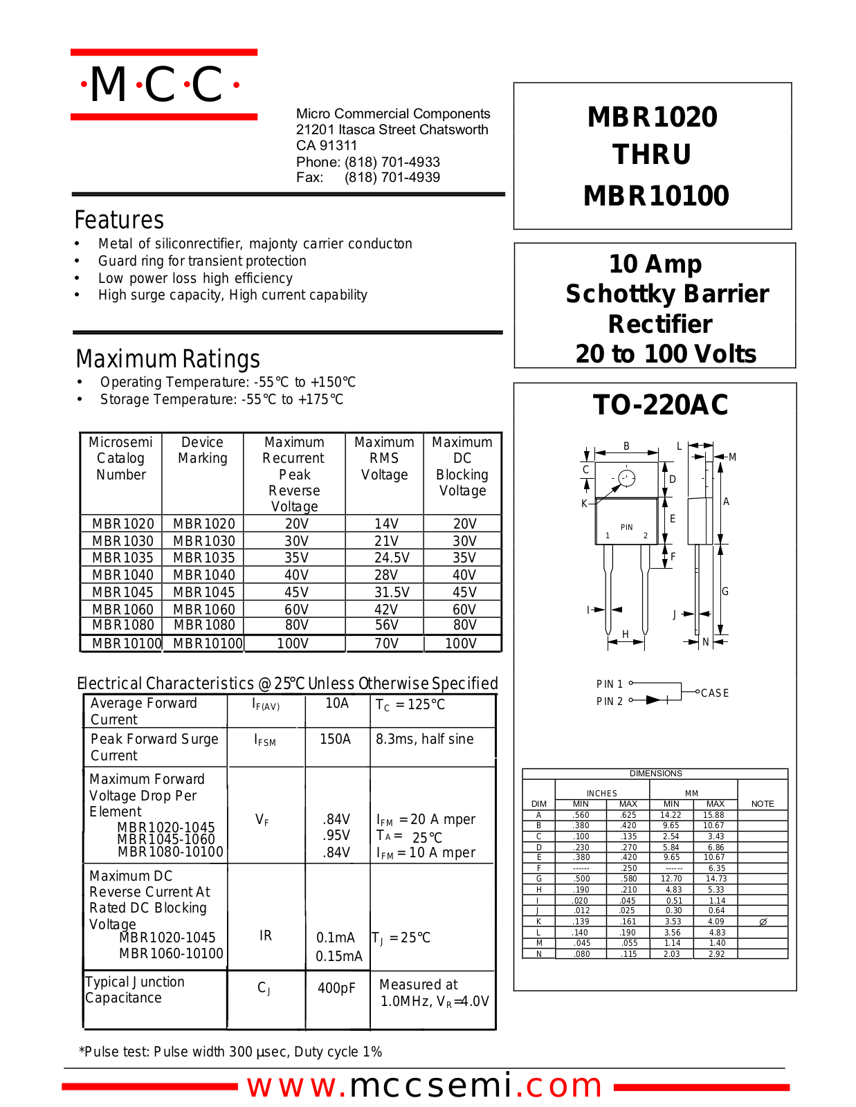 MCC MBR1045, MBR1020, MBR10100, MBR1060, MBR1040 Datasheet