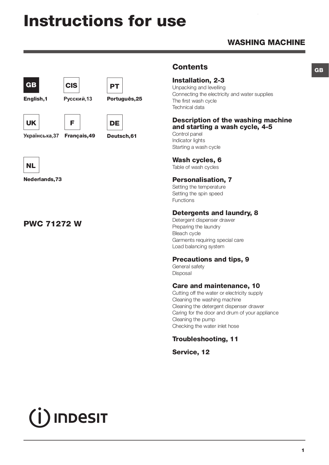 Indesit PWC 71272 W User manual