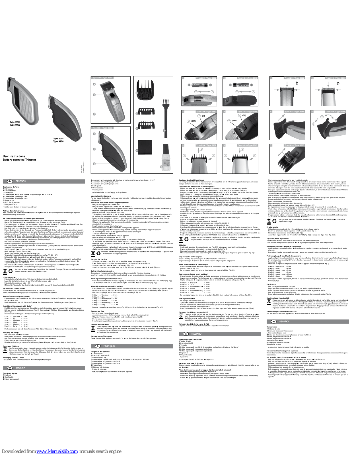 Wahl 2200, 9962, 3024, 9966 User Instructions