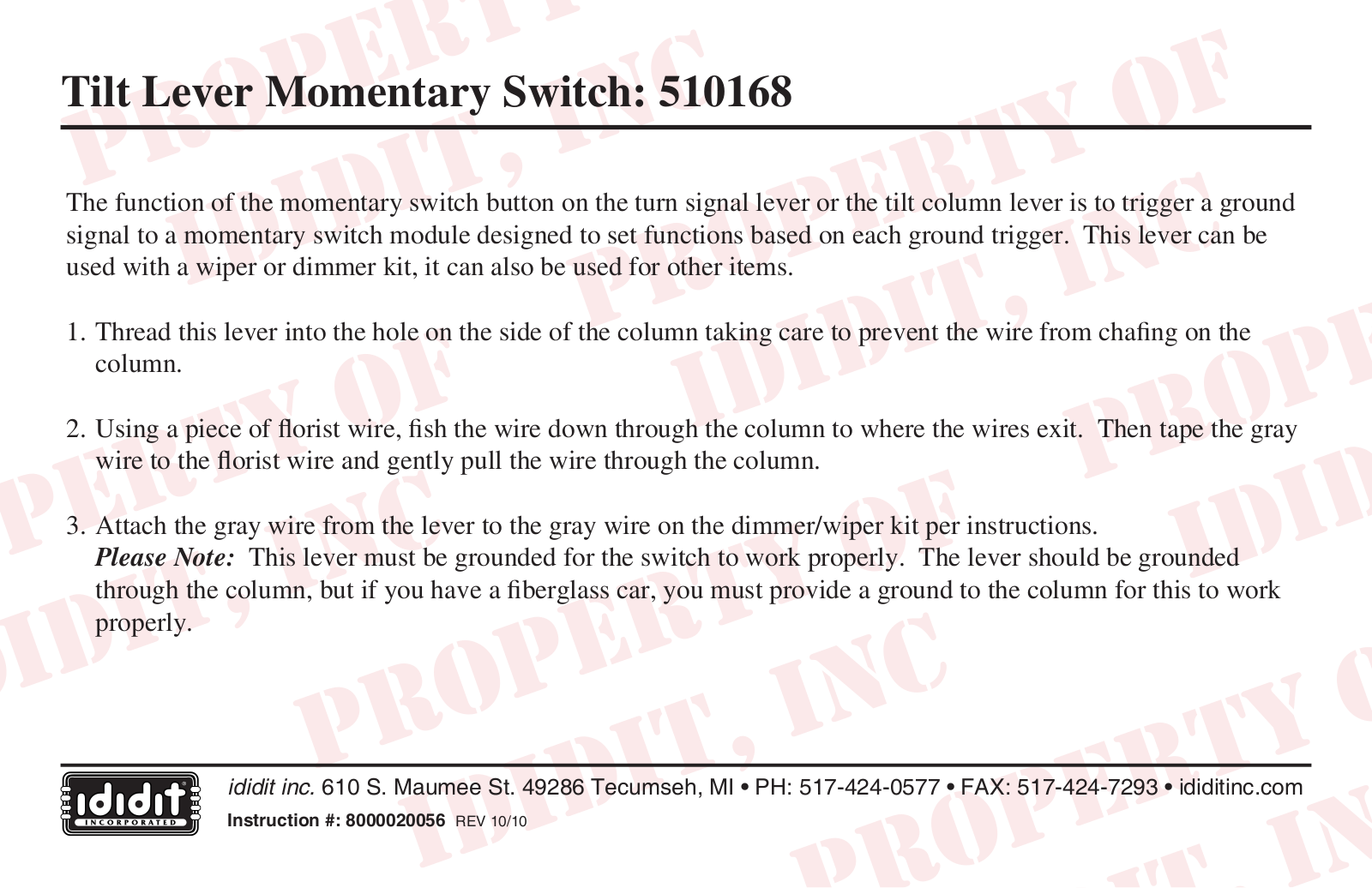 ididit Electrical Tilt Lever Momentary Switch 510168 User Manual