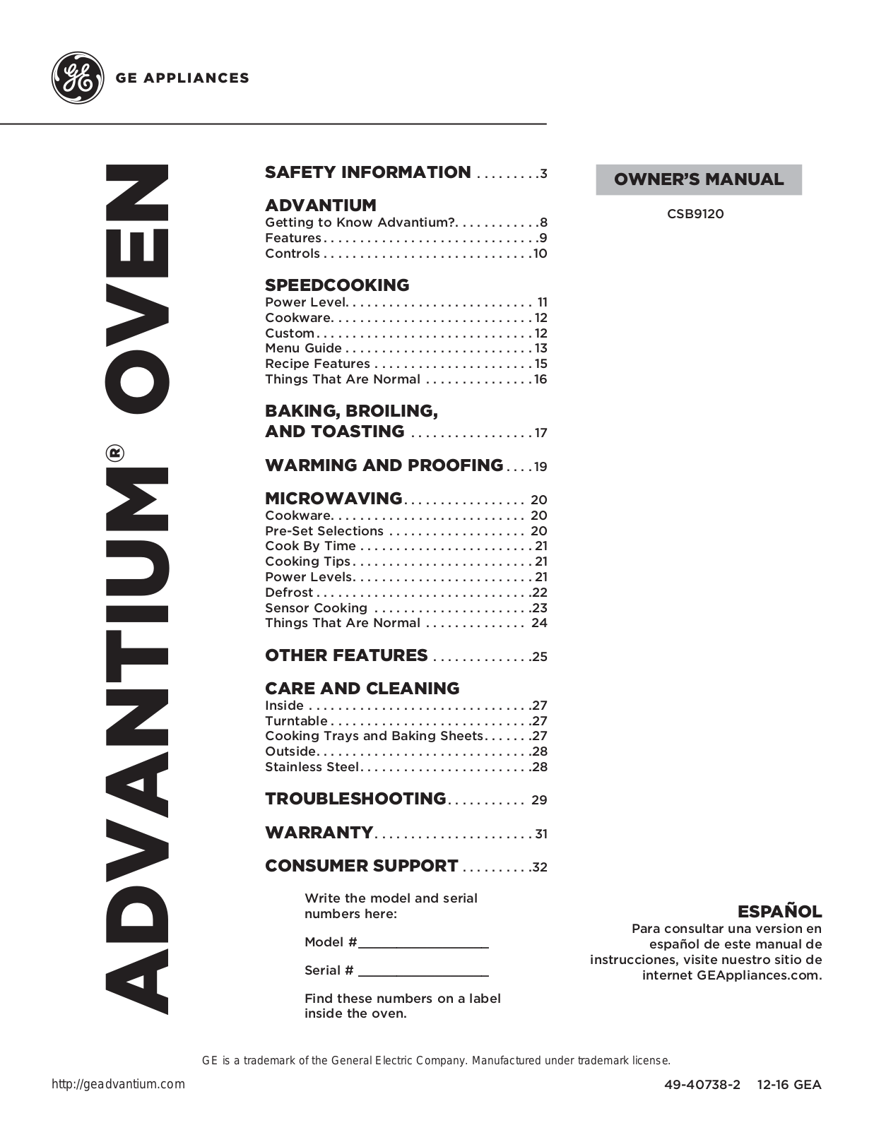 GE CSB9120SJ3SS, CSB9120SJ1SS, CSB9120SJ2SS Owner’s Manual