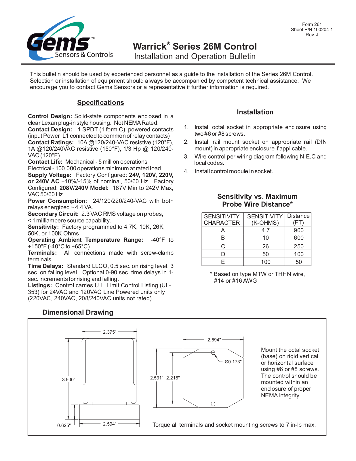 Gems Sensors & Controls 26M Operating Manual