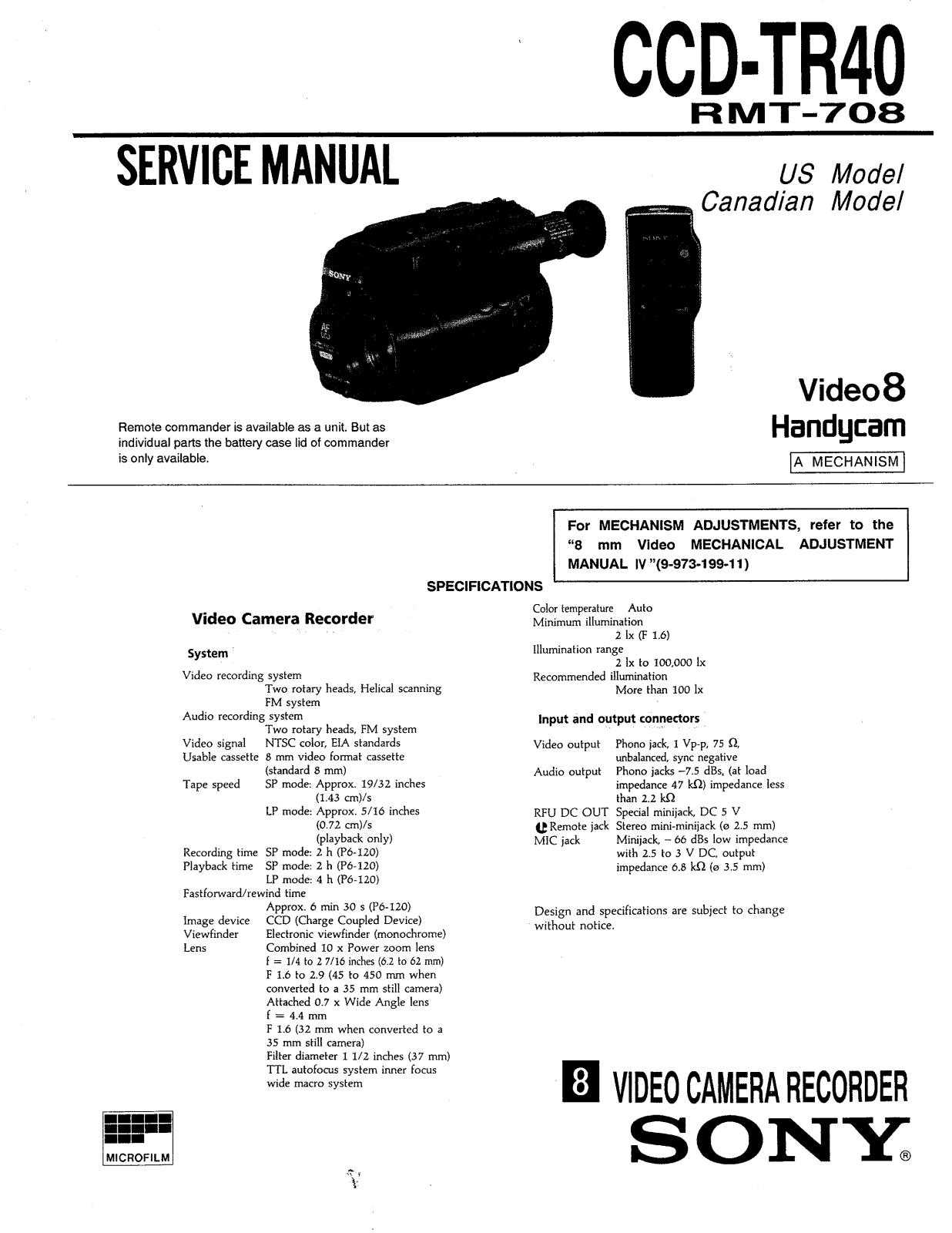 SONY CCD - TR 40 Service Manual